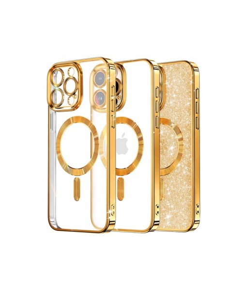 Husa iPhone 15 Pro, Crystal Glitter MagSafe cu Protectie La Camere, Gold